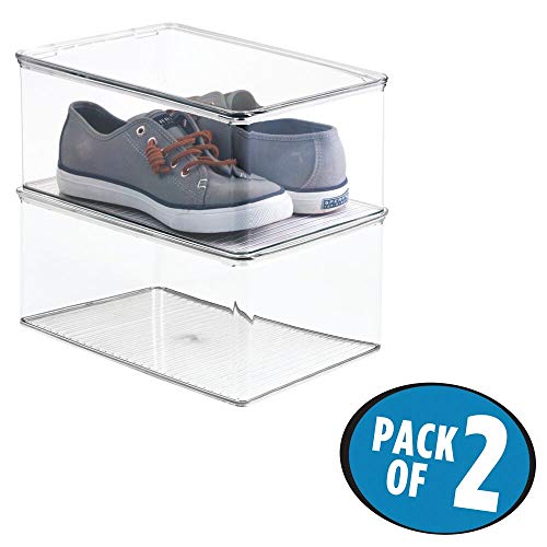 mDesign Juego de 2 cajas para zapatos apilables con tapadera – Práctica caja de zapatos de plástico – Organizador de zapatos ideal para sandalias, zapatillas de deporte, etc. – transparente