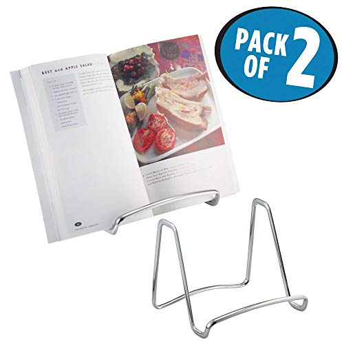 mDesign Juego de 2 - Soporte para libro de cocina, caballete para exhibir fotos, pedestal para exhibir platos decorativos - Cromado