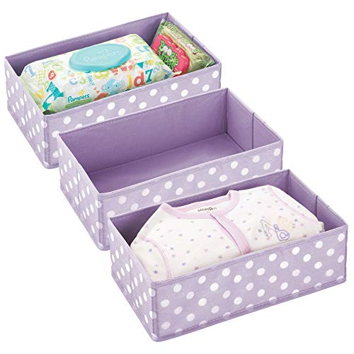 mDesign Juego de 3 Cajas de almacenaje para habitación Infantil, baño y más – Cesta organizadora Plegable con Estampado de Lunares – Organizador de armarios en Fibra sintética – Lila Claro y Blanco