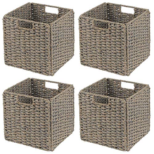 mDesign Juego de 4 cajas de almacenaje – Cajas organizadoras plegables hechas de junco marino – Cestas de almacenaje con patrón trenzado – Ideales para estanterías cuadradas – gris