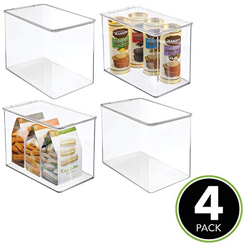 mDesign Juego de 4 organizadores de nevera – Cajas apilables de almacenamiento para despensa y estantes de cocina – Organizador de cocina alto, con tapa abatible y de plástico sin BPA – transparente