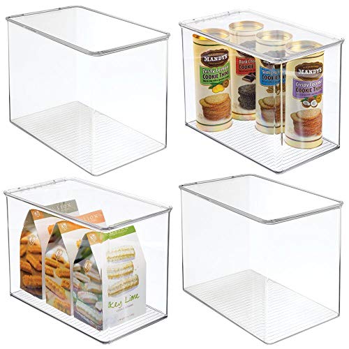 mDesign Juego de 4 organizadores de nevera – Cajas apilables de almacenamiento para despensa y estantes de cocina – Organizador de cocina alto, con tapa abatible y de plástico sin BPA – transparente