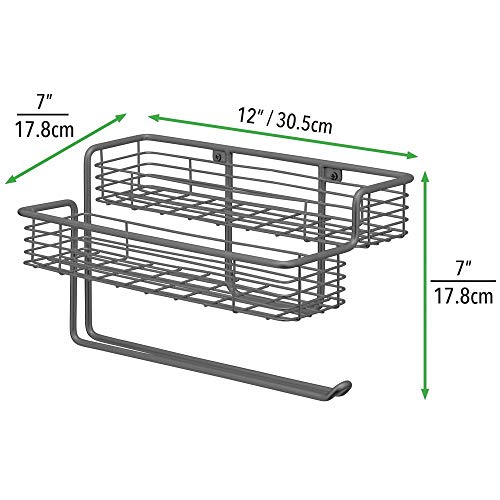 mDesign Portarrollos de cocina – Excelente dispensador de papel en metal con estantes para especias integrados – Práctico soporte de pared para rollo de cocina – gris