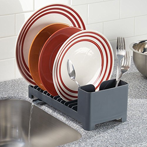 mDesign Práctico escurridor de Platos con escurrecubiertos – Compacto escurreplatos de plástico para Fregadero – Escurre y Seca vajilla, Cubiertos y Utensilios de Cocina – Gris Oscuro