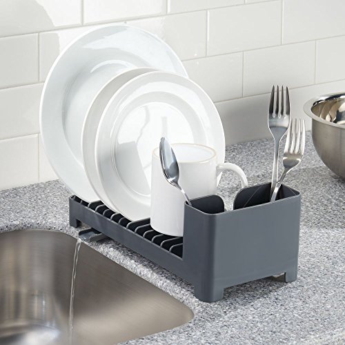 mDesign Práctico escurridor de Platos con escurrecubiertos – Compacto escurreplatos de plástico para Fregadero – Escurre y Seca vajilla, Cubiertos y Utensilios de Cocina – Gris Oscuro