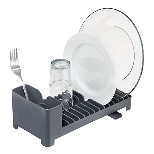 mDesign Práctico escurridor de Platos con escurrecubiertos – Compacto escurreplatos de plástico para Fregadero – Escurre y Seca vajilla, Cubiertos y Utensilios de Cocina – Gris Oscuro