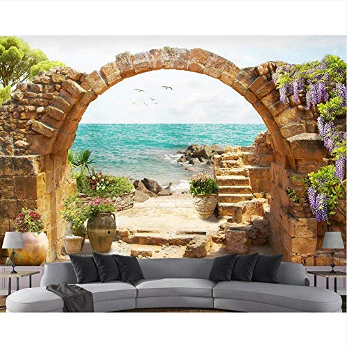 Meaosy Fondos De Pantalla Personalizados En 3D Para La Sala De Estar Nuevo Fondo De Pantalla De Material De Seda Jardín Del Hotel Arcos De Piedra Vista Al Mar Papel Tapiz Fotográfico-400X280Cm