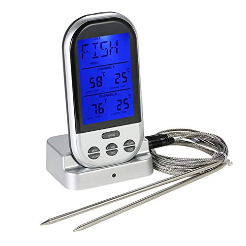 MEASBQ Termómetro inalámbrico para Alimentos Termómetro inalámbrico para Parrilla de Doble sonda, termómetro Digital para cocinar Alimentos, Cocina de Lectura instantánea, Barbacoa, Agua-Silver