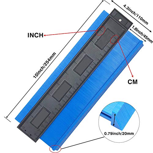 Medidor de contorno de plástico, calibre de perfil de 10 pulgadas, regla de medición, duplicador de contorno para medición precisa, herramienta de marcado de madera laminada (Rojo)