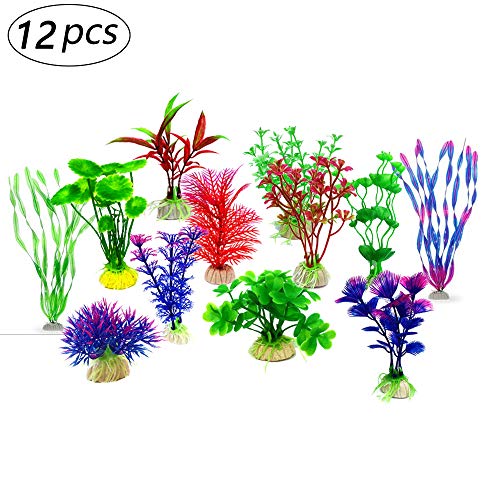 Mein HERZ 12 Piezas Artificial Aquatic Plants, Grandes Plantas de Acuario de PláStico Decoraciones Acuario de Peces,Vivid SimulacióN Vegetal Criatura Acuario Paisaje - TamañOs Surtidos Colores Formas