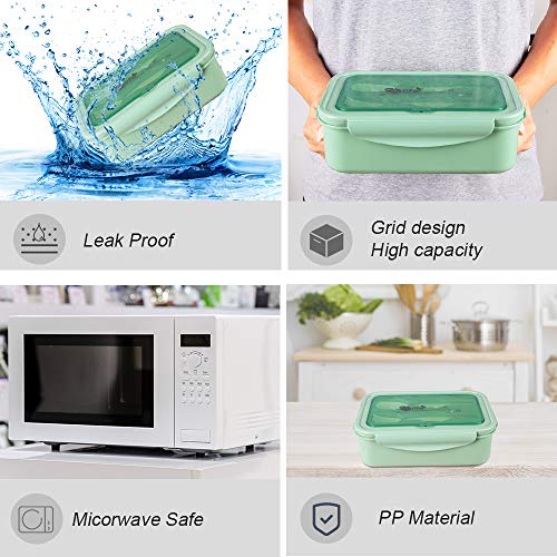 MEIXI Fiambrera Compartimentos, Fiambrera Infantil, Caja de Bento con 3 Compartimentos y Cubiertos, Fiambreras Caja de Alimentos Ideal para Almuerzo y Bocadillos para Niños y Adultos(Verde)