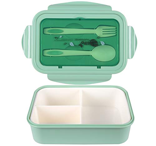 MEIXI Fiambrera Compartimentos, Fiambrera Infantil, Caja de Bento con 3 Compartimentos y Cubiertos, Fiambreras Caja de Alimentos Ideal para Almuerzo y Bocadillos para Niños y Adultos(Verde)