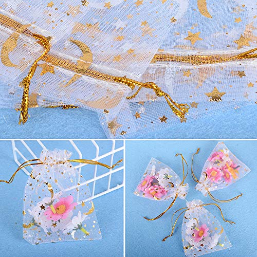 MEJOSER 100 Bolsas de Organza Bolsitas Tul con Estrellas y Lunas Saquitos Arroz Regalo Joyas Caramelo Dulces Recuerdo Favores Detalles para Navidad Boda Fiesta Bautizo con Cintas Blanco Dorado