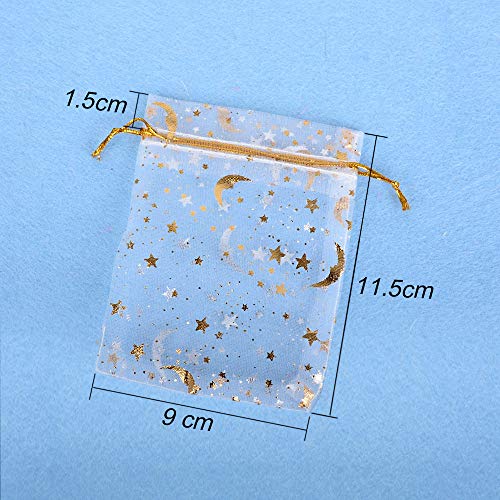 MEJOSER 100 Bolsas de Organza Bolsitas Tul con Estrellas y Lunas Saquitos Arroz Regalo Joyas Caramelo Dulces Recuerdo Favores Detalles para Navidad Boda Fiesta Bautizo con Cintas Blanco Dorado