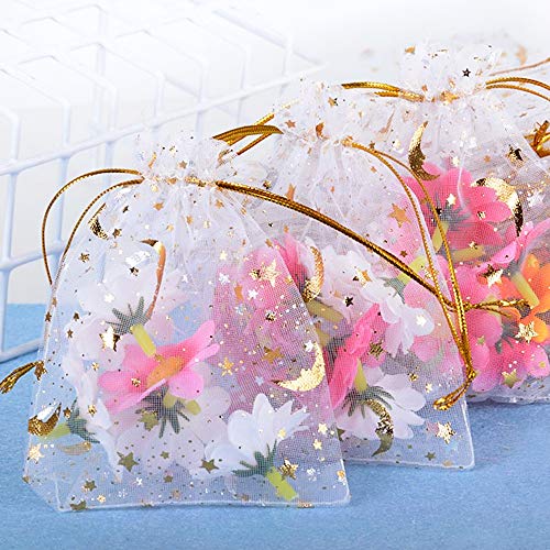 MEJOSER 100 Bolsas de Organza Bolsitas Tul con Estrellas y Lunas Saquitos Arroz Regalo Joyas Caramelo Dulces Recuerdo Favores Detalles para Navidad Boda Fiesta Bautizo con Cintas Blanco Dorado