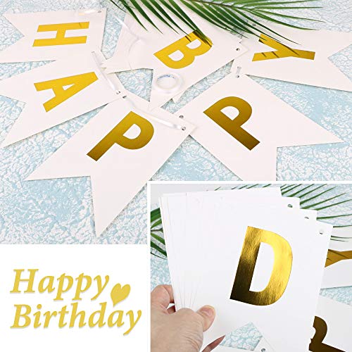 MEJOSER Guirnalda Happy Birthday Banner Decoracion Fiesta de Cumpleaños Banderines Feliz Cumpleaños Blanco Dorado