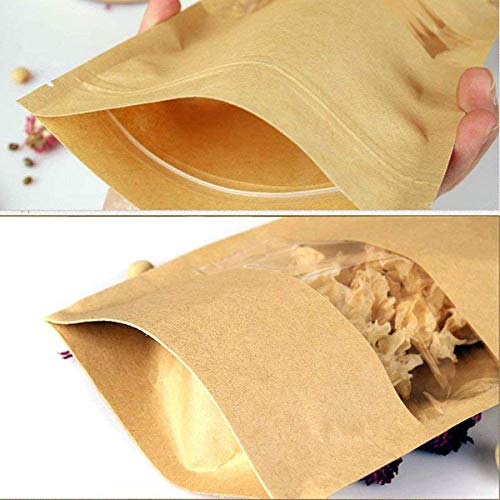 mengger Bolsa de Papel Kraft con Ventana Reutilizables Marrón Ziplock Auto Sellante Stand Up Alimentos Almacenamiento Bolsas Embalaje Transparente Granos café té Tuercas Frutos 100Pcs