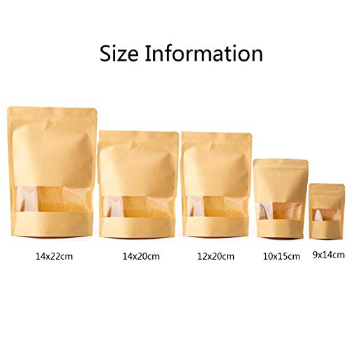 mengger Bolsa de Papel Kraft con Ventana Reutilizables Marrón Ziplock Auto Sellante Stand Up Alimentos Almacenamiento Bolsas Embalaje Transparente Granos café té Tuercas Frutos 100Pcs