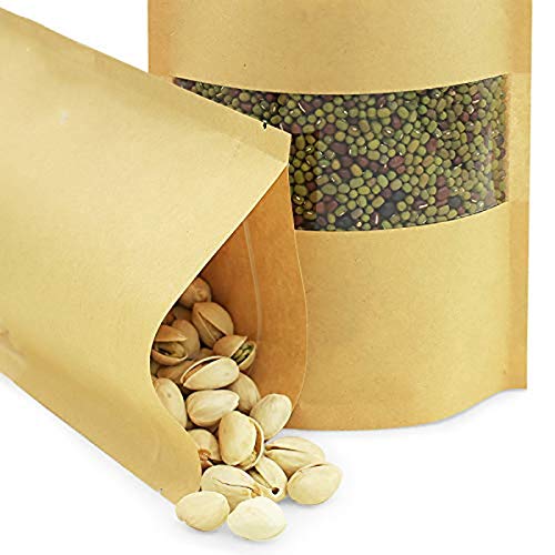 mengger Bolsa de Papel Kraft con Ventana Reutilizables Marrón Ziplock Auto Sellante Stand Up Alimentos Almacenamiento Bolsas Embalaje Transparente Granos café té Tuercas Frutos 100Pcs