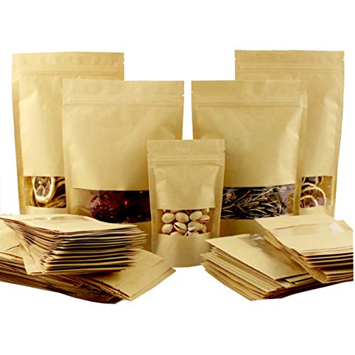 mengger Bolsa de Papel Kraft con Ventana Reutilizables Marrón Ziplock Auto Sellante Stand Up Alimentos Almacenamiento Bolsas Embalaje Transparente Granos café té Tuercas Frutos 100Pcs