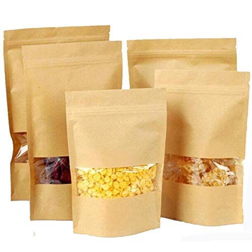 mengger Bolsa de Papel Kraft con Ventana Reutilizables Marrón Ziplock Auto Sellante Stand Up Alimentos Almacenamiento Bolsas Embalaje Transparente Granos café té Tuercas Frutos 100Pcs