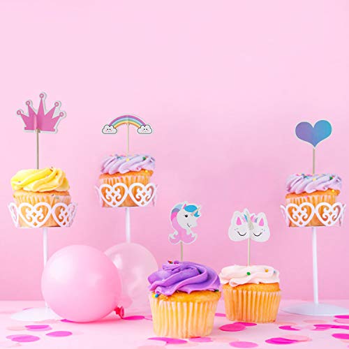 MengH-SHOP Cupcake Toppers Rainbow Cake Toppers para Niños Niñas Regalo Unicornio Decoraciones de Fiesta de Cumpleaños 48 Piezas