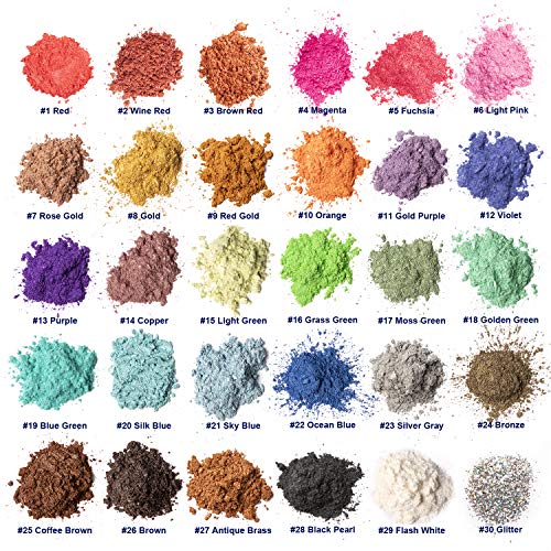 MENNYO Pigmentos para Resina Epoxi, 10g*30 Colores Pigmentos en Polvo, Mica en Polvos para Hacer Slime, Jabón, Pintauñas, Sombra de Ojos Cosmética, Bomba de Baño, Esmalte de Uñas