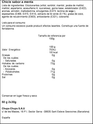 Mentos Chicle Menta, Sin Azúcar - 2 unidades de 30 gr. (Total 60 gr.)