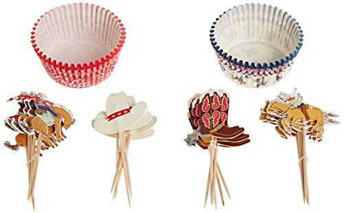 Meri Meri 450279 -  CUPCAKE Kit de 24 Cápsulas para Hornear Magdalenas y 24 Toppers para Decorar de Vaqueros, Sombreros y Caballos