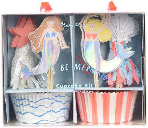 Meri Meri - Cupcake Kit de Sirenas con 24 Capsulas para Hornear y 24 Toppers con Detalles de Conchas y Estrellas