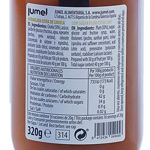 Mermelada de ciruela con extra de fruta JUMEL. 50 g de fruta por cada 100 g de producto. Mermelada gourmet, ideal para desayunos, meriendas y tostadas. Pack de 4 unidades (1,39 euros / unidad)