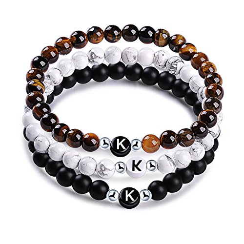 MicLee Nombre Pulsera de Amistad Hecha de Piedras Naturales con Cuentas de Letras de K, Juego de 3 Pulseras para Mujeres Hombre, con Caja de Regalo Tarjeta de Felicitación