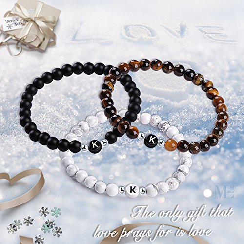 MicLee Nombre Pulsera de Amistad Hecha de Piedras Naturales con Cuentas de Letras de K, Juego de 3 Pulseras para Mujeres Hombre, con Caja de Regalo Tarjeta de Felicitación