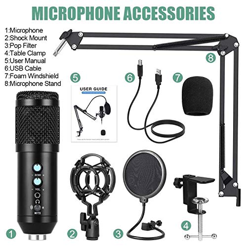 Micrófono condensador,Sucastle USB cardioide 192KHz/24 bits,micrófono de estudio profesional Podcast Plug and Play,con soporte ajustable para micrófono de suspensión,soporte de brazo,filtro pop etc.