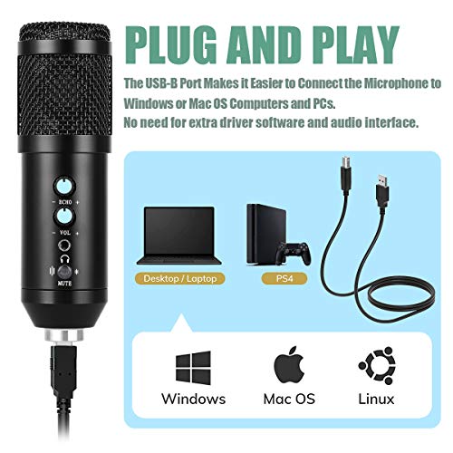 Micrófono condensador,Sucastle USB cardioide 192KHz/24 bits,micrófono de estudio profesional Podcast Plug and Play,con soporte ajustable para micrófono de suspensión,soporte de brazo,filtro pop etc.