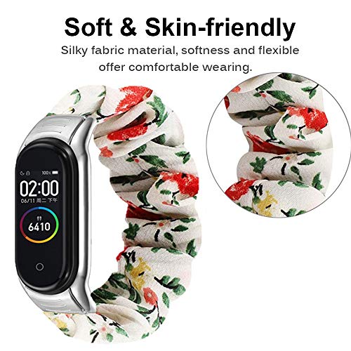 Miimall Correa Scrunchies Compatible con Xiaomi Mi Band 3 / Mi Band 4, Suave Tela Estampada Elástica Pulsera de Repuesto con Marco Metal para Xiaomi Mi Band 3 / Mi Band 4