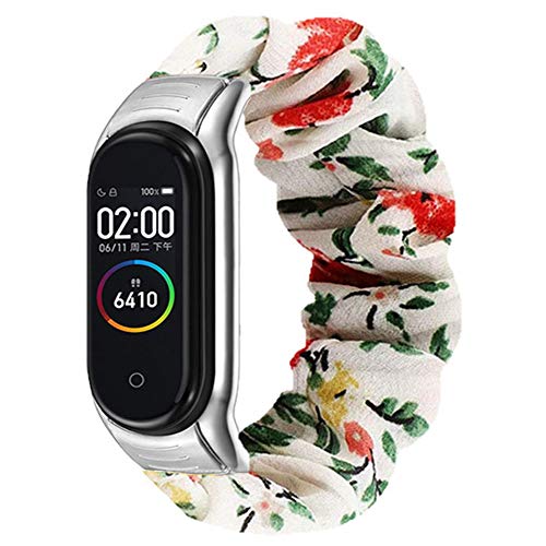 Miimall Correa Scrunchies Compatible con Xiaomi Mi Band 3 / Mi Band 4, Suave Tela Estampada Elástica Pulsera de Repuesto con Marco Metal para Xiaomi Mi Band 3 / Mi Band 4