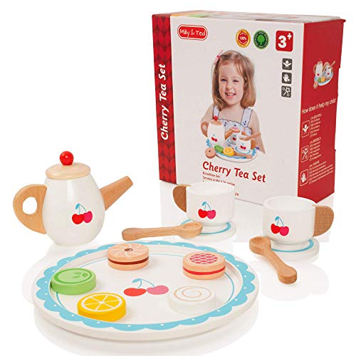 Milly & Ted - Fiesta del Té de Cerezas de Madera - Ayuda a los niños a fingir Que cocinan, el Juego de Cocina - Incluye Galletas