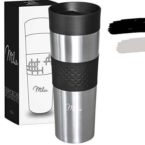 Milu Termo Taza 450ml - Vaso Termico de Viaje - Café para Llevar - Taza de Viaje - Taza de acero inoxidable para beber - con aislamiento de doble pared (Negro, 450ml)