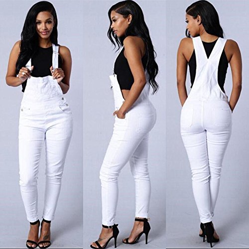 Minetom Mujer Chicas Peto Vaquero Mono Largo Casual Elegante Moda Bolsillos Tiras Fiesta Oficina Blanco ES 38