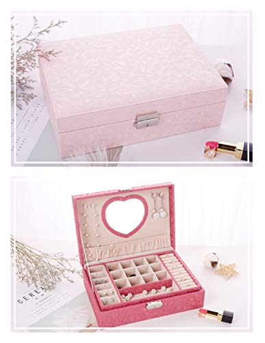 MINGZE Joyero - Joyero Organizador con Espejo Caja de Almacenamiento de Joyas de Dos Capas de la PU con Caja de joyería de Viaje, Perfecto como Regalo para niñas, Fiesta (Rosa Claro)