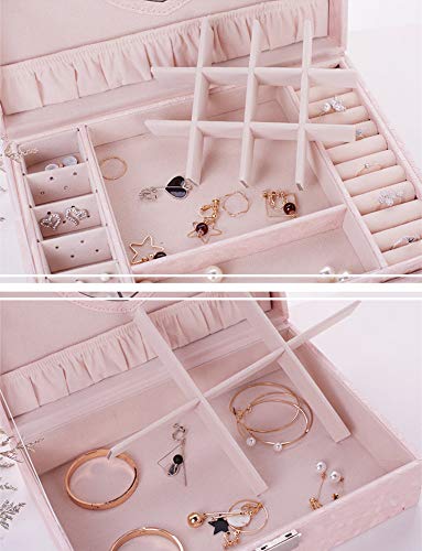 MINGZE Joyero - Joyero Organizador con Espejo Caja de Almacenamiento de Joyas de Dos Capas de la PU con Caja de joyería de Viaje, Perfecto como Regalo para niñas, Fiesta (Rosa Claro)