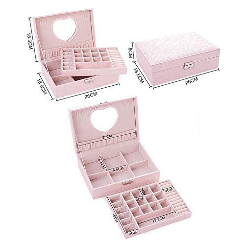 MINGZE Joyero - Joyero Organizador con Espejo Caja de Almacenamiento de Joyas de Dos Capas de la PU con Caja de joyería de Viaje, Perfecto como Regalo para niñas, Fiesta (Rosa Claro)