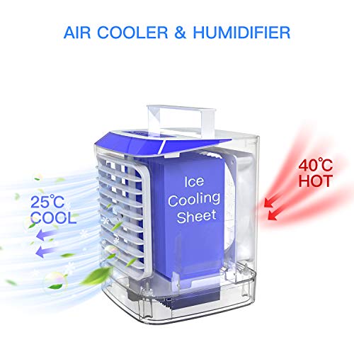 Mini Enfriador de Aire Portátil, 4 en 1 Acondicionador de Aire Móvil, Ventilador Humidificador Purificador, USB Air Cooler con Manija/3 Velocidades/7 Colores LED, para Hogar Oficina