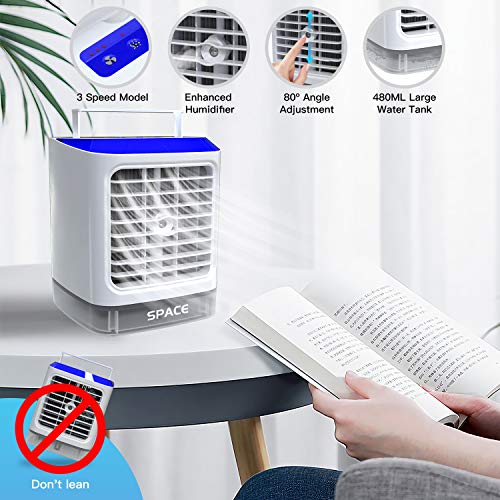 Mini Enfriador de Aire Portátil, 4 en 1 Acondicionador de Aire Móvil, Ventilador Humidificador Purificador, USB Air Cooler con Manija/3 Velocidades/7 Colores LED, para Hogar Oficina