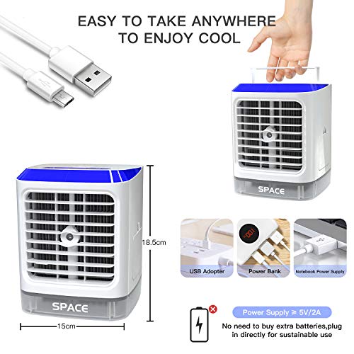 Mini Enfriador de Aire Portátil, 4 en 1 Acondicionador de Aire Móvil, Ventilador Humidificador Purificador, USB Air Cooler con Manija/3 Velocidades/7 Colores LED, para Hogar Oficina