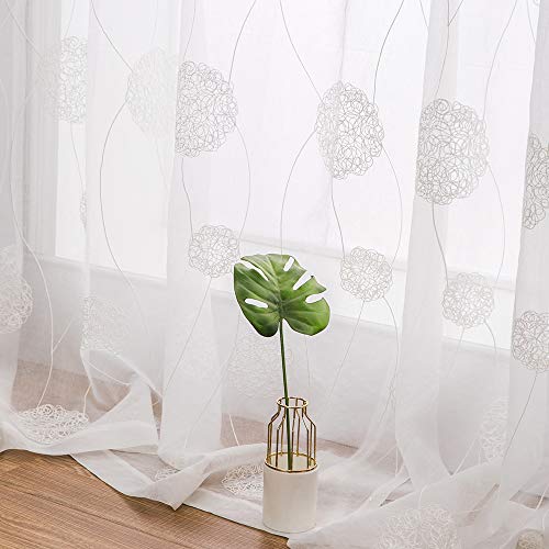 MIULEE 2 Piezas Cortinas Bordado Translucida de Dormitorio Moderno Ventana Visillos Rayas Salon Paneles con Ojales Plateados para Sala Cuarto Comedor Salon Cocina Habitación 140x225cm Hortensia Blanca