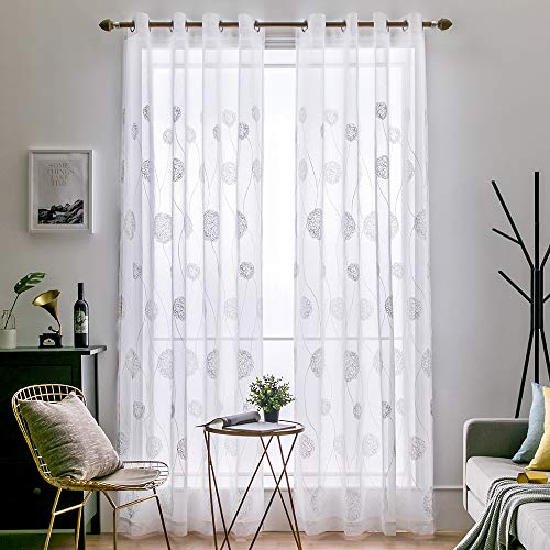 MIULEE 2 Piezas Cortinas Bordado Translucida de Dormitorio Moderno Ventana Visillos Rayas Salon Paneles con Ojales Plateados para Sala Cuarto Comedor Salon Cocina Habitación 140x225cm Hortensia Blanca