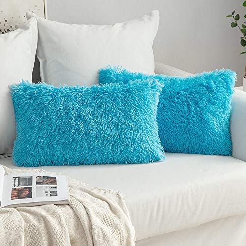 MIULEE Juego de 2 Cojines Protectores Faux Fur Throw Funda de cojín Deluxe Home Decorativo Cuadrados y Suaves Cojines PeloPara la Hogar Sofá Cama del12 x20 Inch 30x50cm Azul Claro