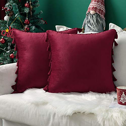 MIULEE Pack de 2 Terciopelo Funda de Borla Cojine Fundas Almohada del Sofá Throw Cojín Decoración Caso de la Cubierta Decorativo Almohadas para Sala de Estar 18x18inch 45x45cm Vino Rojo